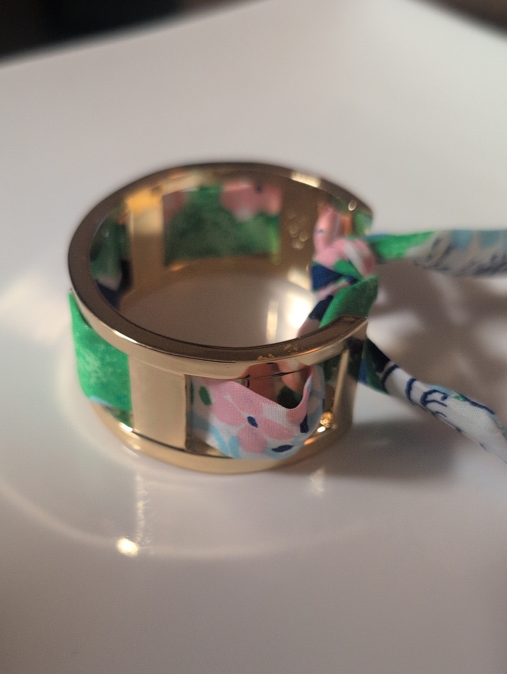 Lilly Pulitzer Gold Cuff Bracelet with Pink & Green Silk Fabric Inlay